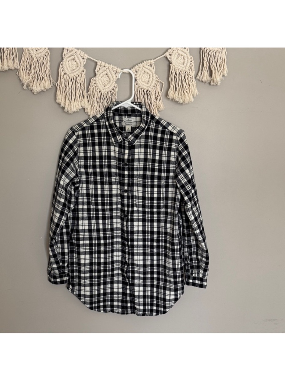 Women’s LL Bean Black and Ivory Plaid Shirt